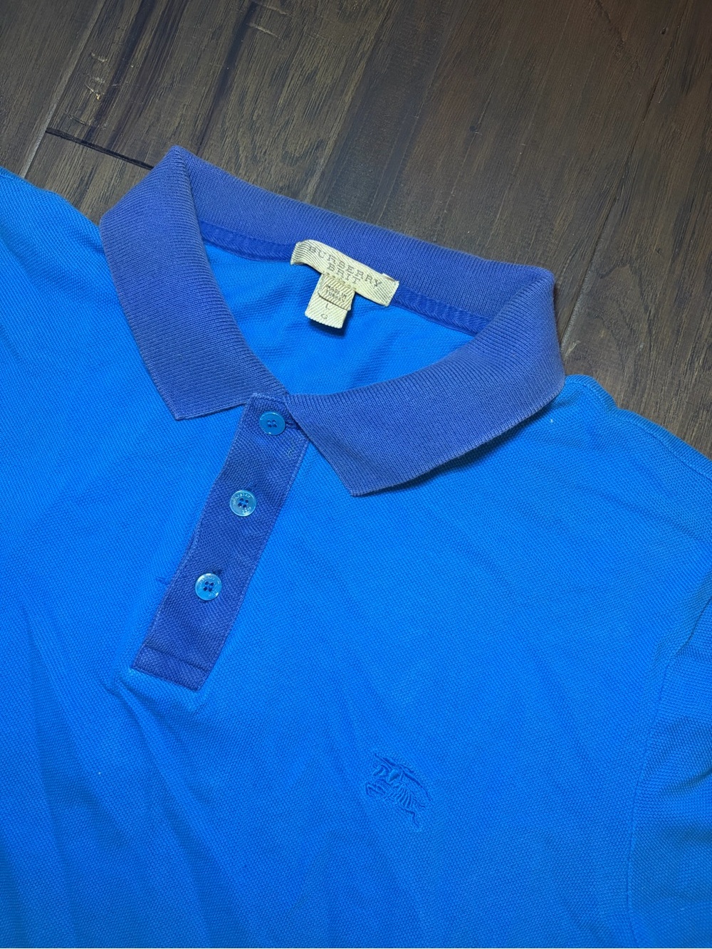 Burberry Brit Blue Polo with Contrast Navy Collar. Size Large. Fitted polo.